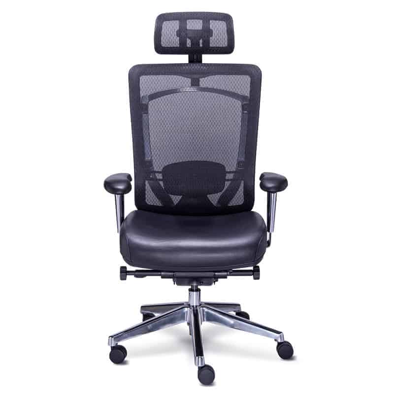Silla ejecutiva Dynamic con cabecera, respaldo de mesh y detalles en piel, con base de cinco puntas