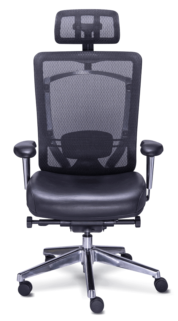 Silla ejecutiva Dynamic con cabecera, respaldo de mesh y detalles en piel, con base de cinco puntas