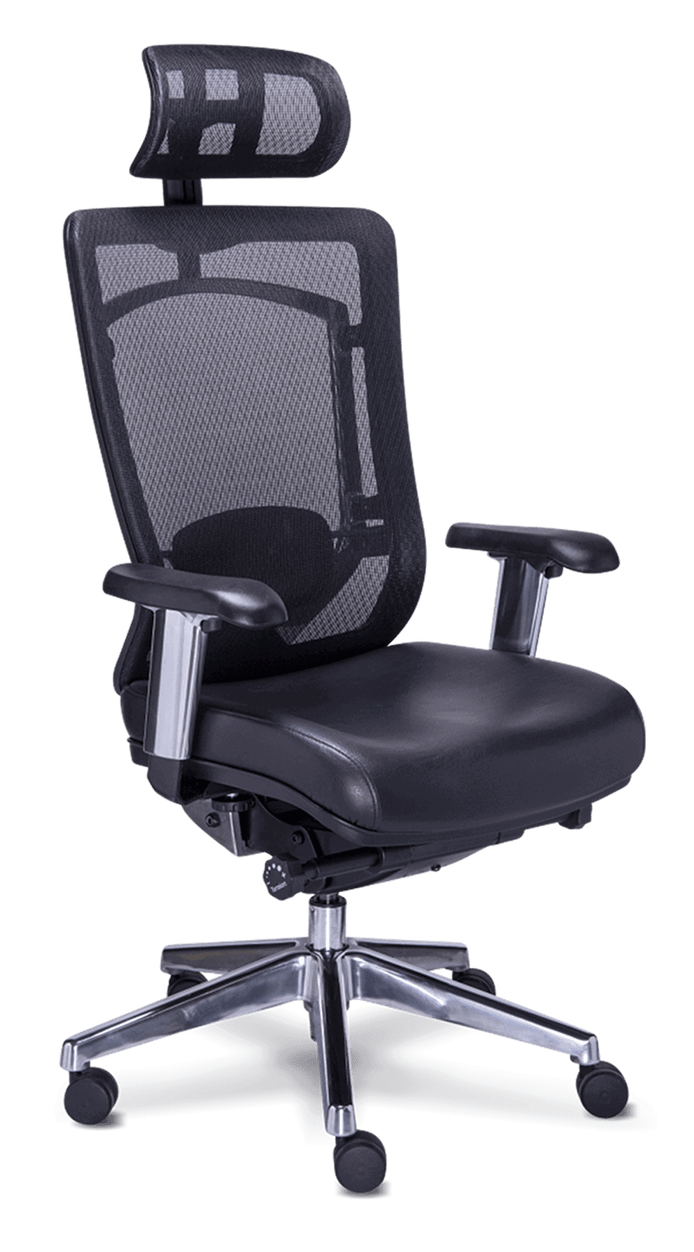 Silla ejecutiva Dynamic con cabecera, respaldo de mesh y detalles en piel, con base de cinco puntas