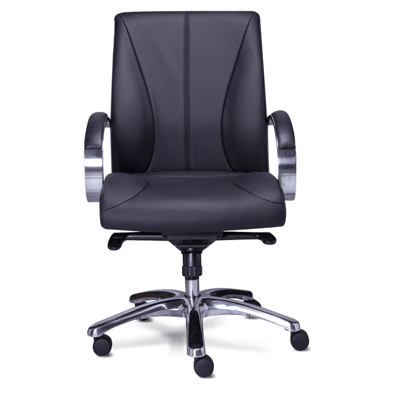 Silla ejecutiva en similpiel negro con cabecera integrada y base de cinco puntas de aluminio
