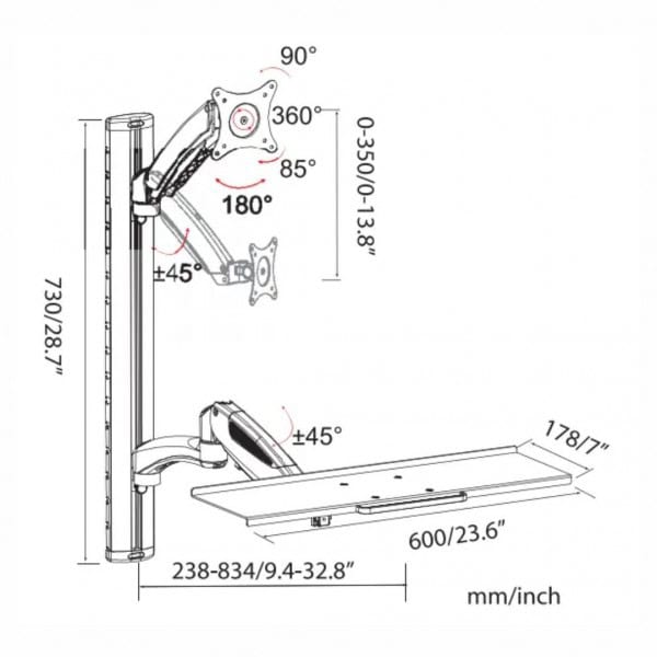 Soporte Redleaf SDA-1327 de aluminio para monitor y teclado con poste de 730 mm