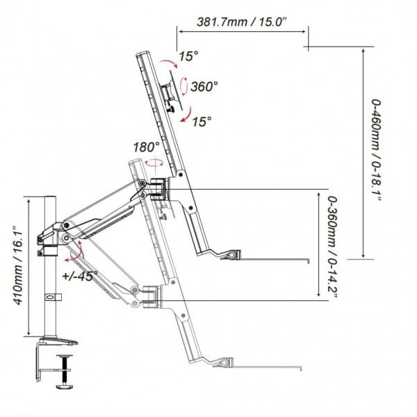 Soporte Redleaf SWS-1332 de aluminio para monitor de 13 a 23 pulgadas con abrazadera de mesa