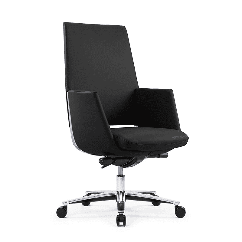 Silla semijecutiva Zenit tapizada en piel negra con respaldo alto y base de aluminio pulido