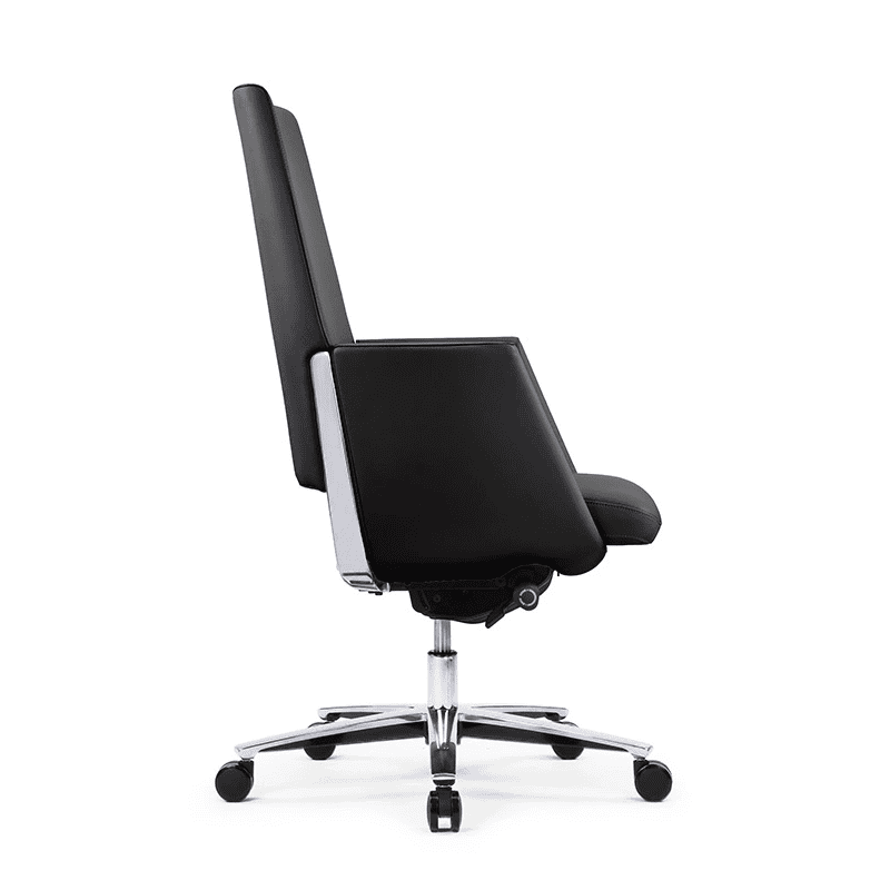 Silla semijecutiva Zenit tapizada en piel negra con respaldo alto y base de aluminio pulido