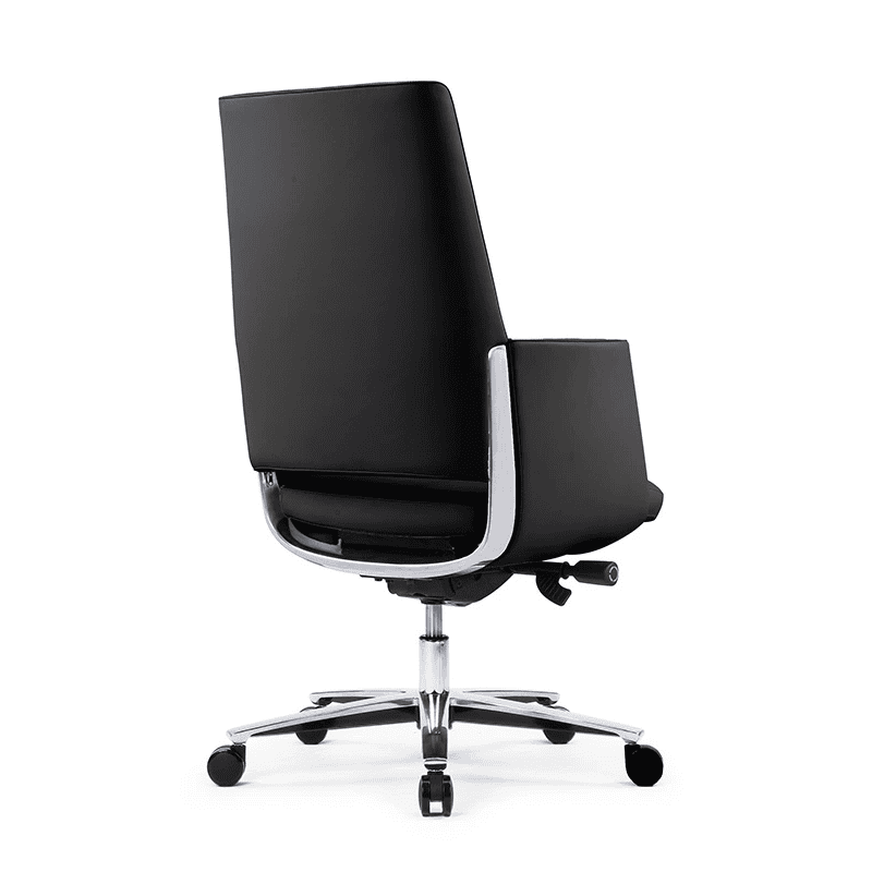 Silla semijecutiva Zenit tapizada en piel negra con respaldo alto y base de aluminio pulido